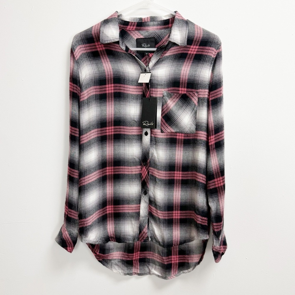 Rails Shirt Womens Small Black Pink Plaid Hunter Button Up Top Rayon NWT